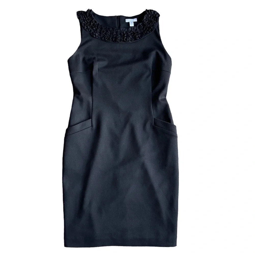 Charter Club petite Women’s midi black dress ruffle floral neckline pockets 8P